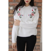Fashion Floral Embroidered Mock Neck Long Sleeve Casual Pullover Sweater