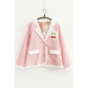 Cherry Embroidered Pocket Color Block Notched Lapel Collar Buttons Down Coat