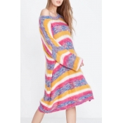 Round Neck Long Sleeve Oversize Loose Colorful Striped Print Tunic Sweater