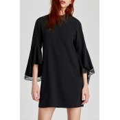 Stand-Up Collar Lace Panel Bell Sleeve Plain Mini Dress