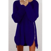 New Arrival Fashion Zip Up Side Simple Plain Long Sleeve Mini Sweater Dress