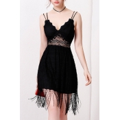 New Fashion Multi Straps Sleeveless Chic Lace Inserted Tassel Hem Plain Mini Slip Dress