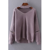 Fashion Zip Embellished Long Sleeve V Neck Plain Basic Comfort Sweater