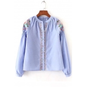 Floral Embroidered Ruched Collar Cap Shoulder Long Sleeve Button Down Shirt