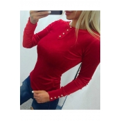 Chic Buttons Embellished Round Neck Long Sleeve Sexy Slim Plain T-Shirt