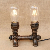 Industrial Desk Lamp with Pipe Lamp Base in Open Bulb Style in Aged Bronze