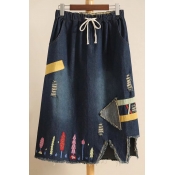 New Arrival Elastic Drawstring Waist Fashion Trees Embroidered Midi Denim Skirt