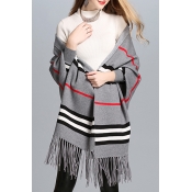 Color Block Striped Printed Long Sleeve Fashion Tassel Hem Cape Cardigan