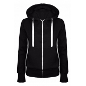Basic Zip-Up Plain Long Sleeve Hoodie with Pockets