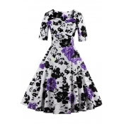 Fashion Vintage Floral Pattern Square Neck Half Sleeve Midi Fit Flared Dress