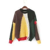 Round Neck Long Sleeve Fashion Color Block Pullover Cable Knit Sweater