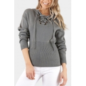 Hot Fashion Lace-Up V Neck Long Sleeve Basic Plain Pullover Sweater