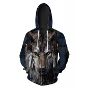 New Fashion Digital Wolf Head Printed Long Sleeve Zip Up Hoodie