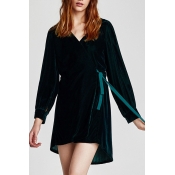 New Trendy Chic Velvet Simple Plain Long Sleeve Hoodie Mini Wrap Dress
