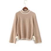 Simple Color Block Mock Neck Long Sleeve Bow Tied Side Pullover Sweater