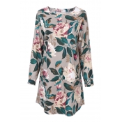 Summer's Round Neck Long Sleeve Fashion Floral Pattern Mini T-shirt Dress