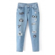 Fashion Embroidered Patched Chic Ripped Out Casual Leisure Jeans