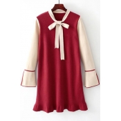 Color Block Tie Front Long Bell Sleeve Ruffle Hem Knit Short Dress