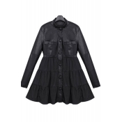 Stand-Up Collar Leather Panel Button Down Long Sleeve Coat in Loose Fit