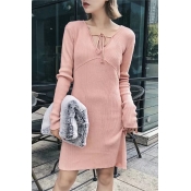 V Neck Tied Front Long Sleeve Ribbed Midi Knitted Dress
