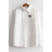 Cartoon Cat Embroidered Basic Simple Long Sleeve Buttons Down Shirt