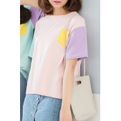 Summer's Chic Color Block Short Sleeve Round Neck Loose T-Shirt for Friends