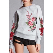 Chic Floral Embroidered Round Neck Long Sleeve Basic Pullover Sweatshirt