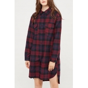 Classic Plaids Printed Long Sleeve Buttons Down Tunic Shirt with Double Pockets