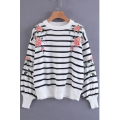 Color Block Floral Embroidered Round Neck Striped Long Sleeve Sweater