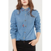 Chic Embroidered Lapel Collar Long Sleeve Buttons Down Denim Shirt
