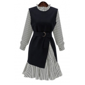 New Arrival Chic Round Neck Plain Vest with Striped Print Long Sleeve A-Line Dress