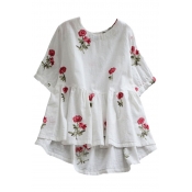 Chic Floral Embroidered Round Neck Short Sleeve Dipped Hem Pullover Blouse