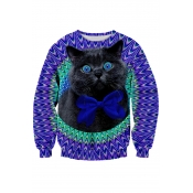 Digital Bow Tied Cat Printed Long Sleeve Round Neck Pullover Sweatshirt