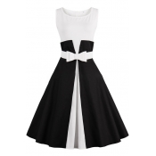 Vintage Fashion Color Block Scoop Neck Sleeveless Bow Tied Waist Flared Dress