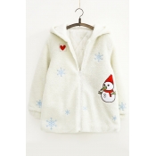 Cartoon Snowman Embroidered Long Sleeve Hooded Zip Up Fur Coat
