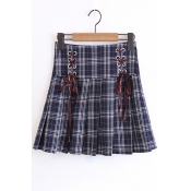 New Arrival Lace-Up Side Classic Fashion Plaids Pattern Mini A-Line Pleated Skirt