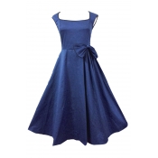 Hot Fashion Vintage Fashion Bow Waist Basic Plain Square Neck Sleeveless Midi Flared Dress