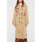 Floral Embroidered Notched Lapel Collar Long Sleeve Double Breasted Trench Coat