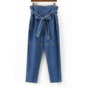 Belted High Waist Straight Leg Denim Long Jeans with Pockets