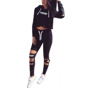 Hot Popular Sports Letter Printed Long Sleeve Cropped Hoodie with Cut Out Drawstring Pants