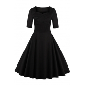 Vintage Square Neck Half Sleeve Basic Plain Hot Fashion Midi Fit Flared Dress