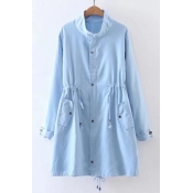 Stand Collar Drawstring Waist Windproof Trench Coat with Pockets