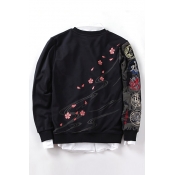 New Fashion Floral Character Embroidered Round Neck Long Sleeve Pullover Sweatshirt