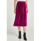 New Stylish High Waist Simple Plain Midi Pleated Skirt