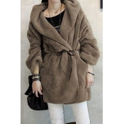 Simple Plain Collared Open Front Long Sleeve Wool Coat