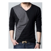 Color Block Panel V-Neck Long Sleeve Leisure Top