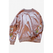 Chic Dragon Embroidered Side Round Neck Long Sleeve Satin Pullover Sweatshirt