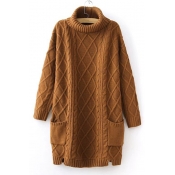Chic Textured Detail Turtleneck Long Sleeve Split Side Plain Tunic Pullover Sweater