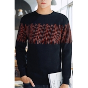 Color Block Line Pattern Round Neck Long Sleeve Sweater