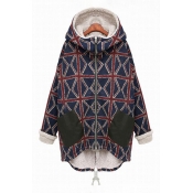 Color Block Plaid Pattern Hooded Contrast Cuff Zippered Long Sleeve Cotton Coat